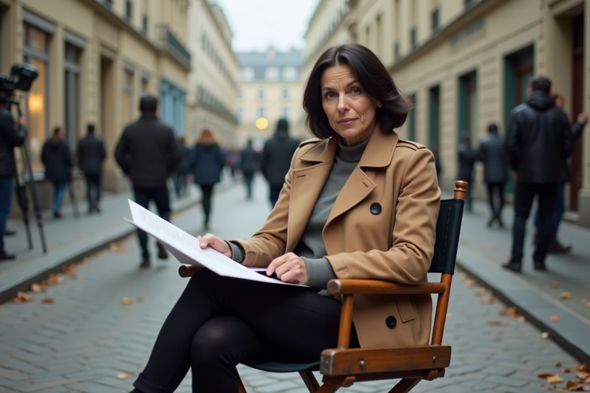 Actrice française sur un tournage en extérieur à Paris, assise sur une chaise de réalisateur avec un script, ambiance série télévisée