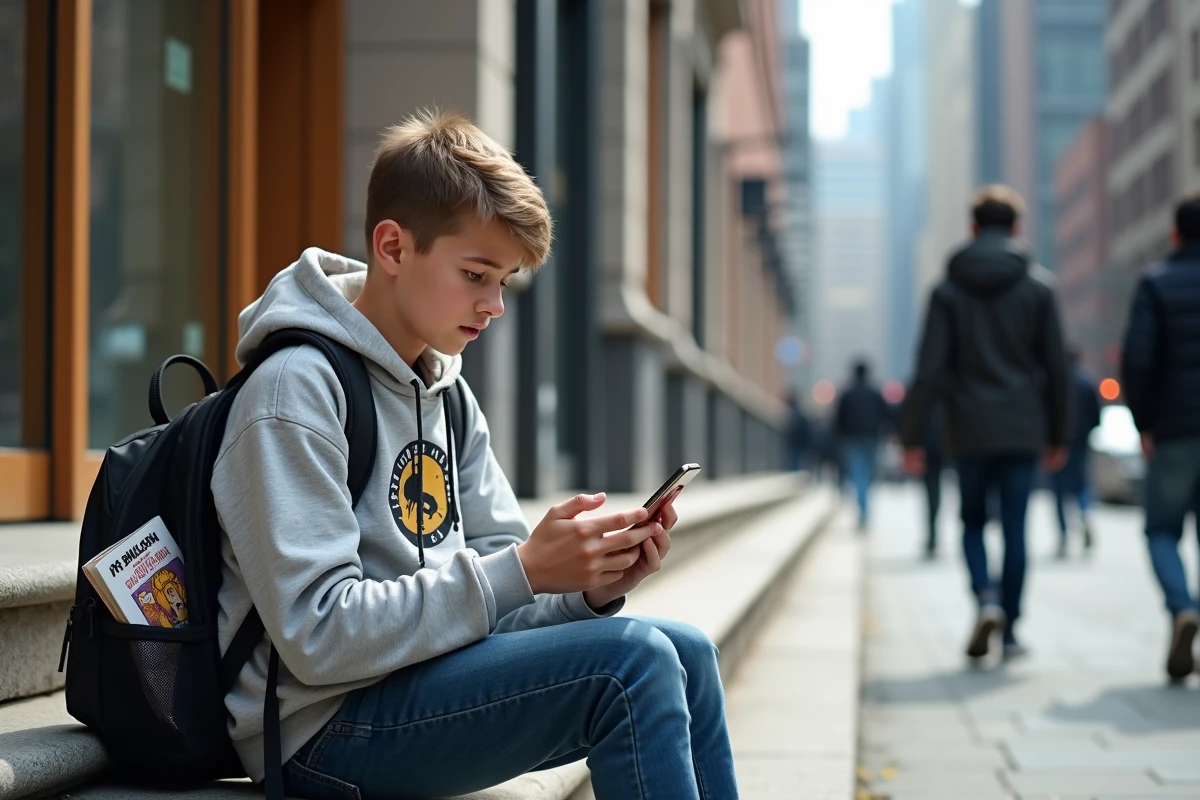 Adolescent avec hoodie manga dehors sur des escaliers urbains