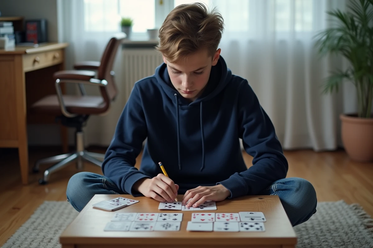 Adolescent jouant seul à la crapette sur le sol de sa chambre avec une feuille de calcul mental posée à côté des cartes