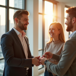 Agent immobilier remettant les clés à un couple heureux dans un appartement moderne