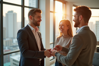Agent immobilier remettant les clés à un couple heureux dans un appartement moderne