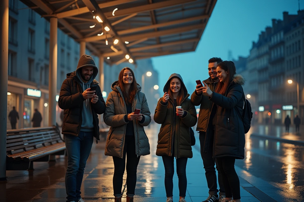 Groupe d'amis sous un abribus filmant le feu d'artifice du 14 juillet sous la pluie à Villeneuve d'Ascq