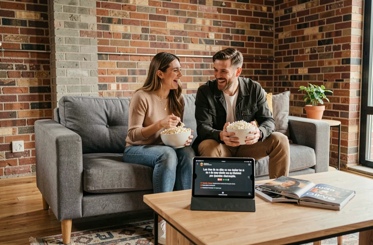 Deux amis regardant une série sous-titrée en français sur une tablette dans un appartement moderne avec mur en brique apparente