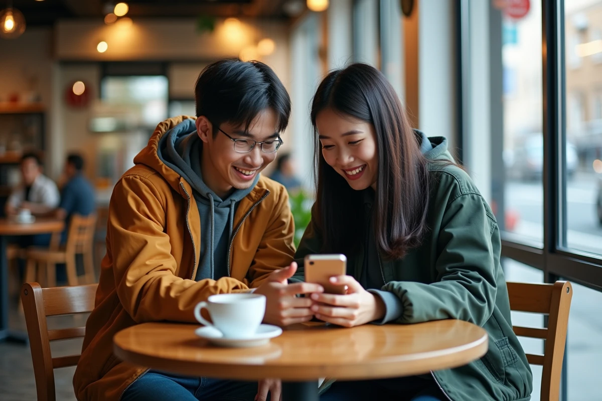 Deux amis regardant des scans manga VF sur un smartphone dans un café urbain animé