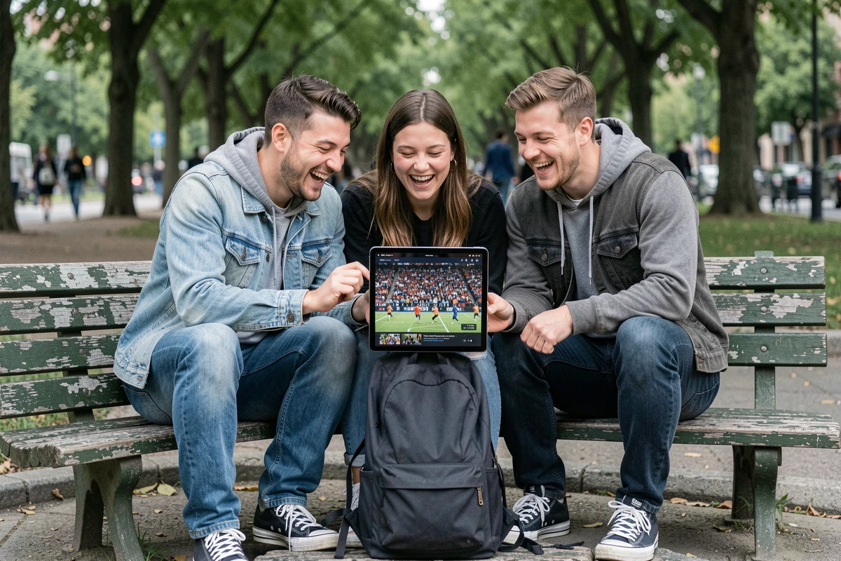 Groupe d'amis réunis dans un parc urbain pour regarder des temps forts sportifs ensemble sur une tablette numérique
