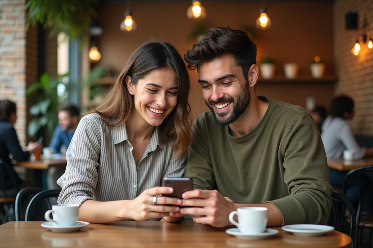 Deux amis consultant ensemble un webtoon sur smartphone dans un café urbain à l'ambiance décontractée