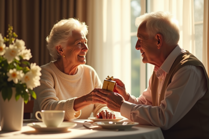 Couple âgé échangeant des cadeaux lors de leur anniversaire
