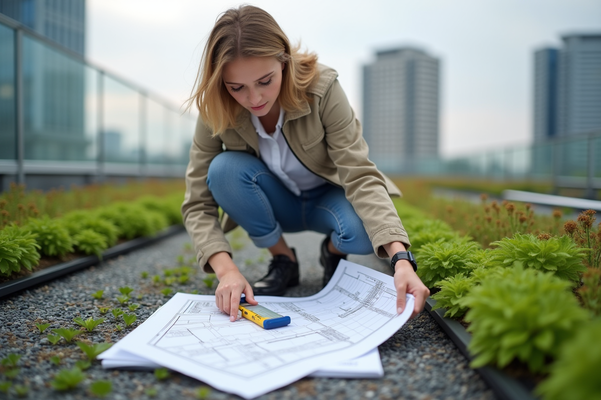 Jeune architecte inspectant un toit vert avec plans et testeur