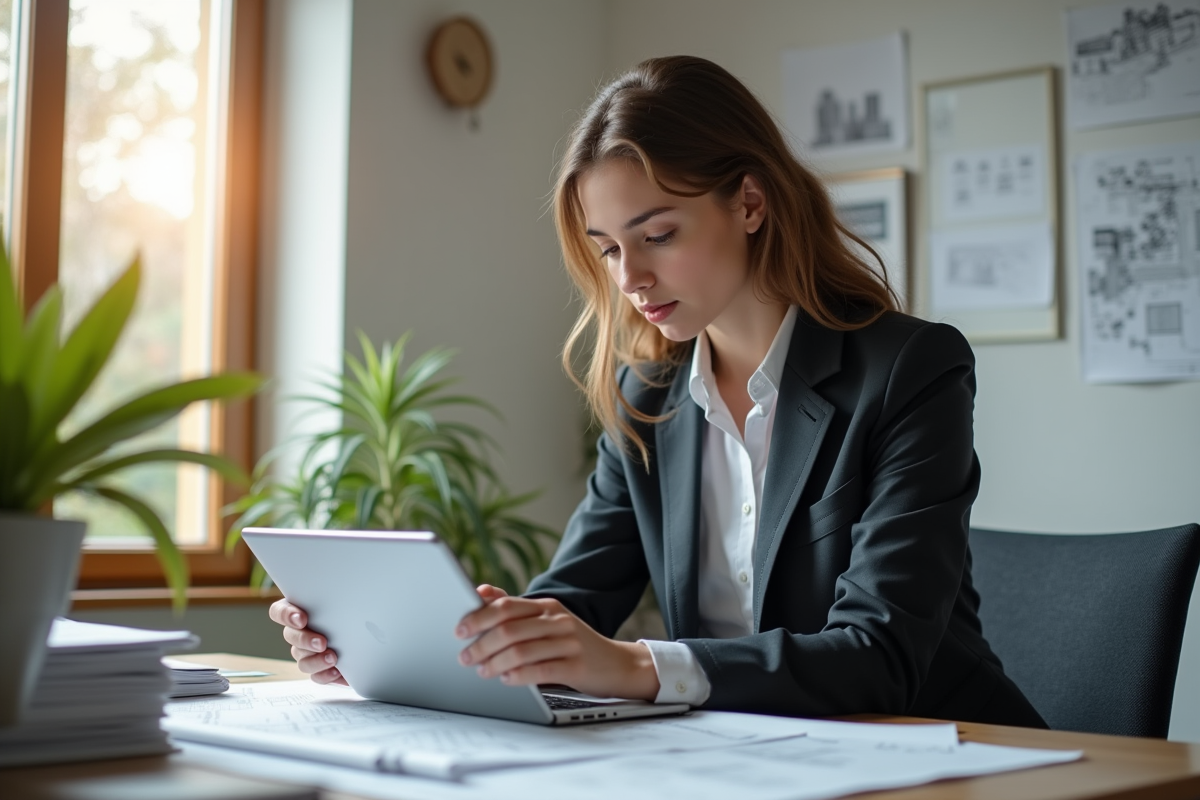 Jeune architecte étudie plans de zonage sur tablette