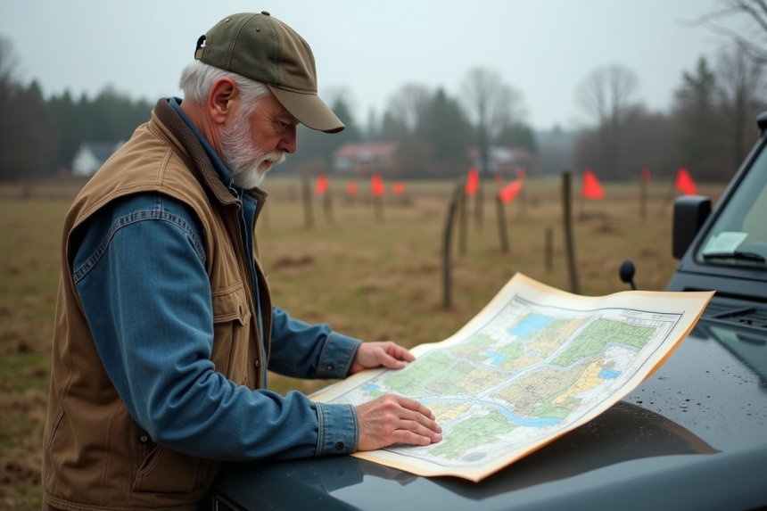 Arpenteur en extérieur examine une carte de zonage