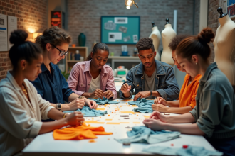 Groupe de jeunes créateurs autour d'une table de couture créative