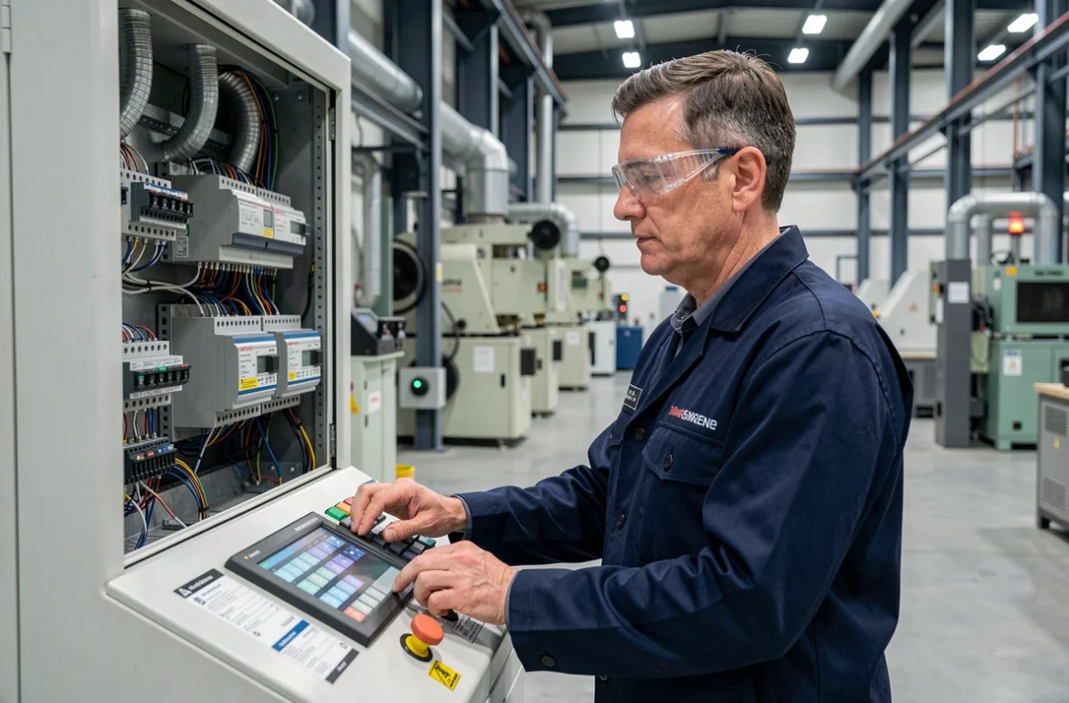 Technicien d'AUTOM'ELEC INDUSTRIE travaillant sur un panneau d'automatisation industrielle dans une usine