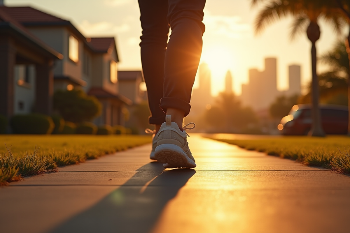 Gros plan sur des baskets marchant sur un trottoir au matin ensoleille