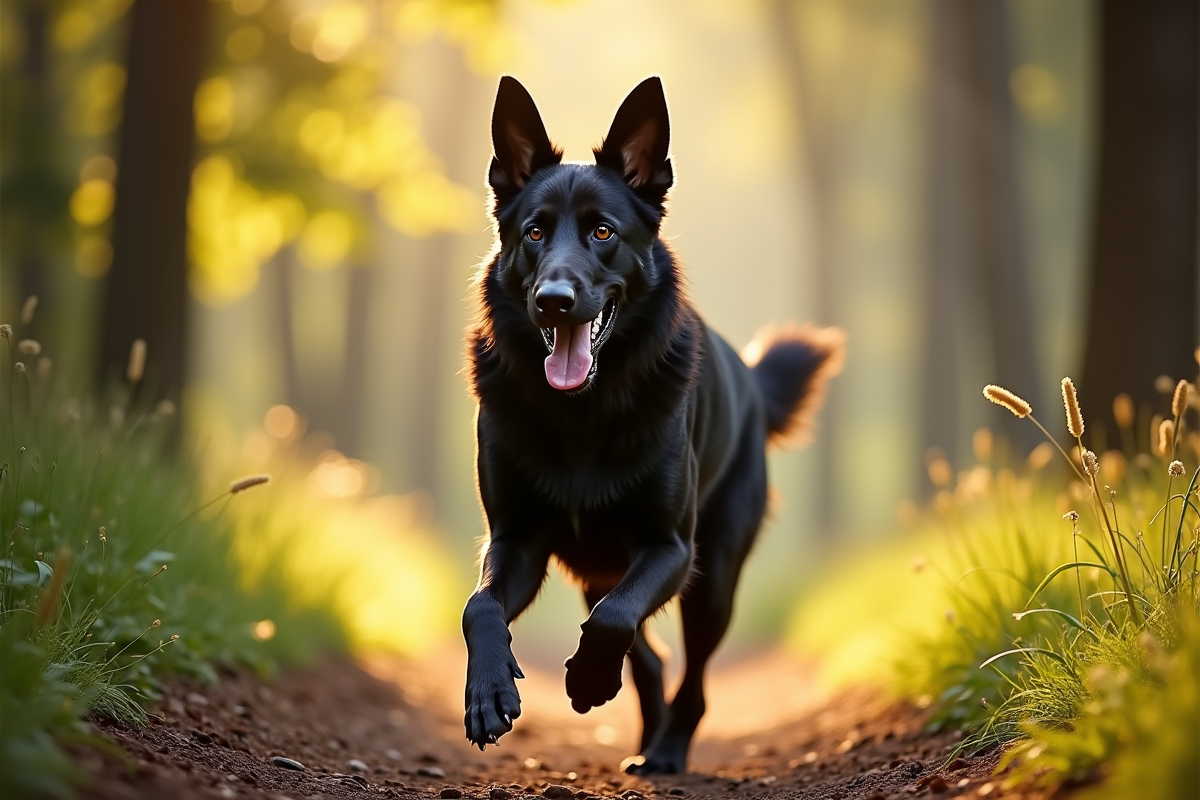 Chien berger allemand noir en course sur un sentier forestier