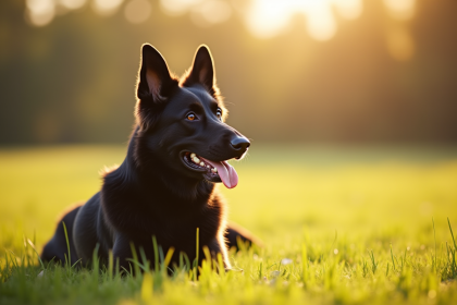 Chien berger allemand noir assis dans un champ ensoleille