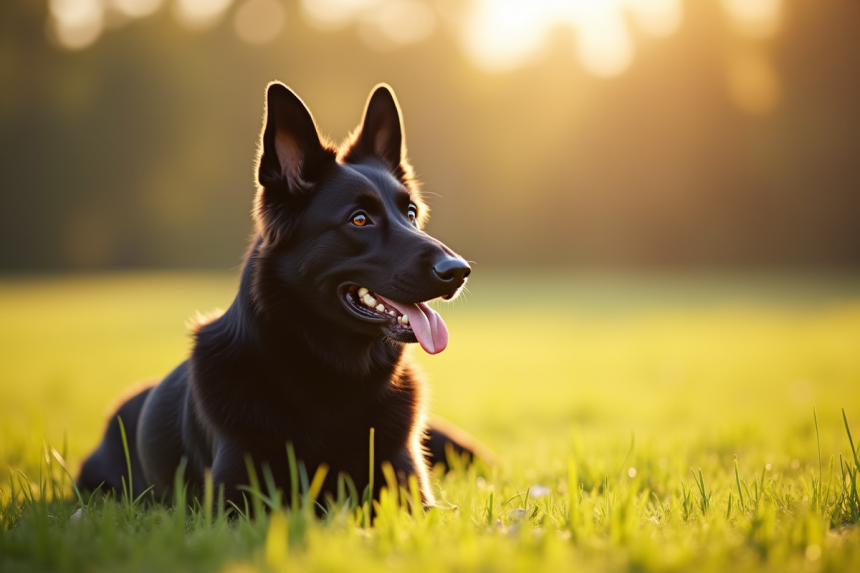 Chien berger allemand noir assis dans un champ ensoleille