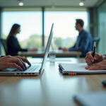 Espace de travail moderne avec ordinateur et carnet contrastant digital et numérique
