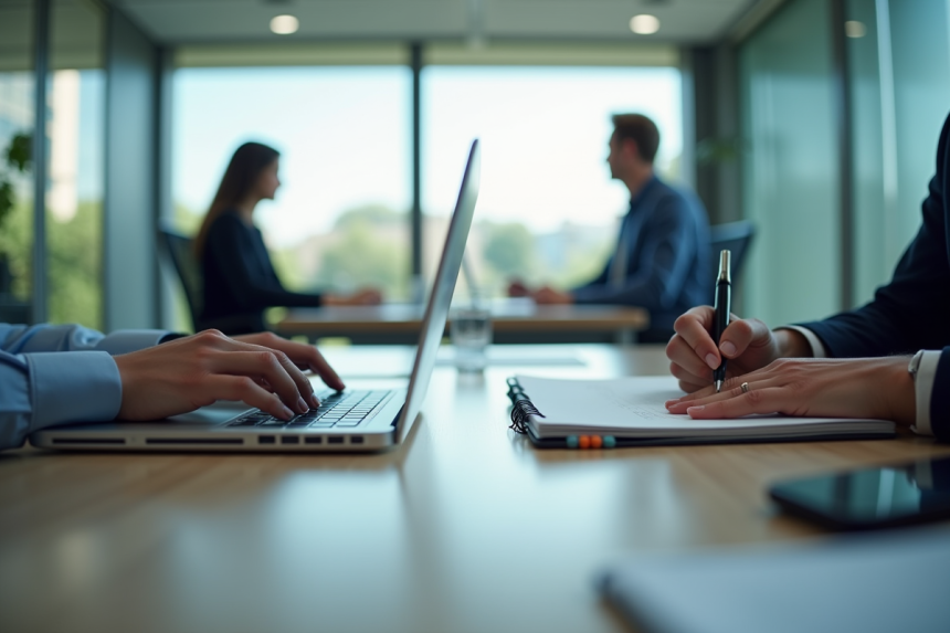 Espace de travail moderne avec ordinateur et carnet contrastant digital et numérique