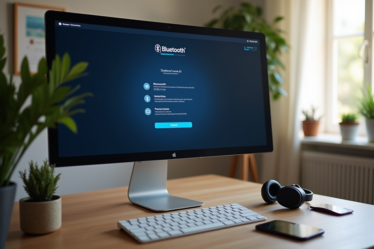 Ecran d ordinateur affichant le menu Bluetooth dans un bureau cosy
