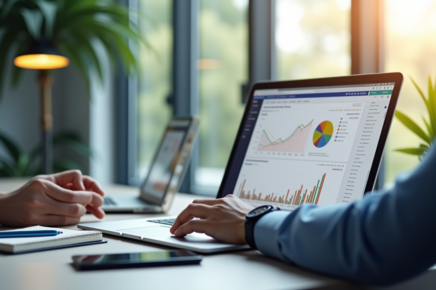 Bureau moderne avec ordinateur et dashboard financier