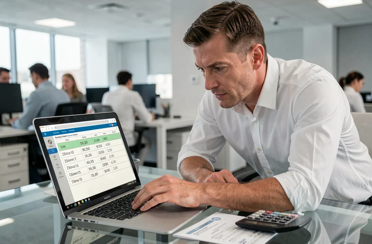 Homme consultant un tableur de calcul d'heures en centième sur un ordinateur portable dans un bureau moderne