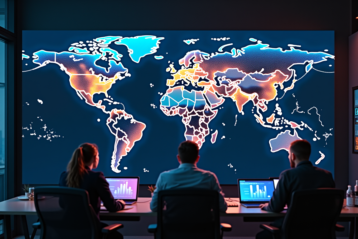 Carte du monde numérique avec graphiques financiers et professionnels analysant des données