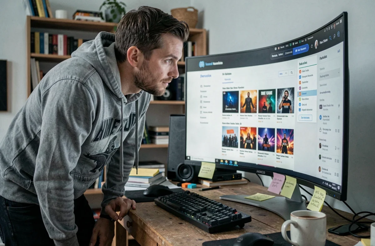 Homme parcourant un catalogue de séries en VF sur un grand écran d'ordinateur dans un bureau à domicile moderne