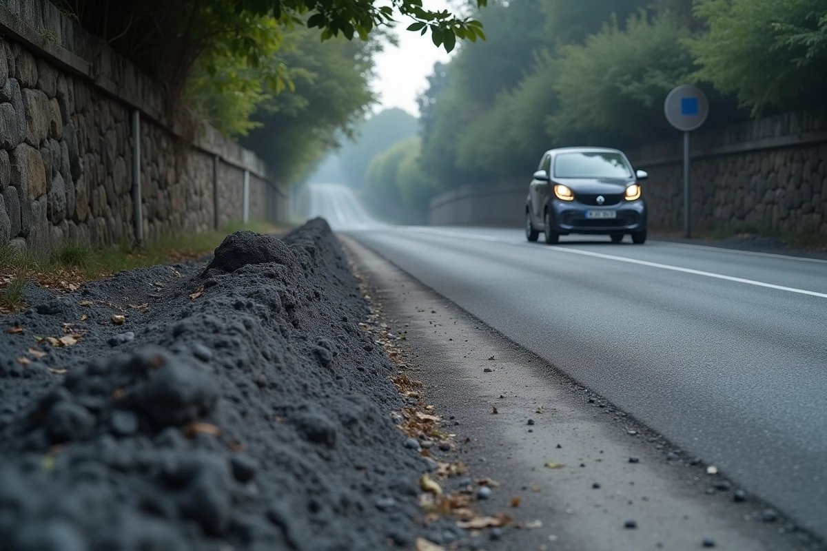Dépôts de cendres volcaniques de l'Etna recouvrant une route et la végétation près de Catane en Sicile