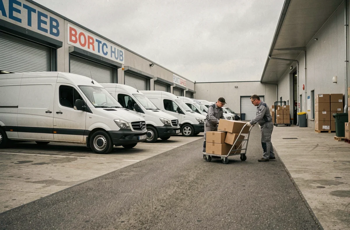 Livreurs déchargeant des colis devant un centre de tri logistique urbain