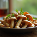 Champignons girolle grise élégamment présentés sur une table en bois