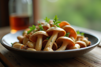 Champignons girolle grise élégamment présentés sur une table en bois