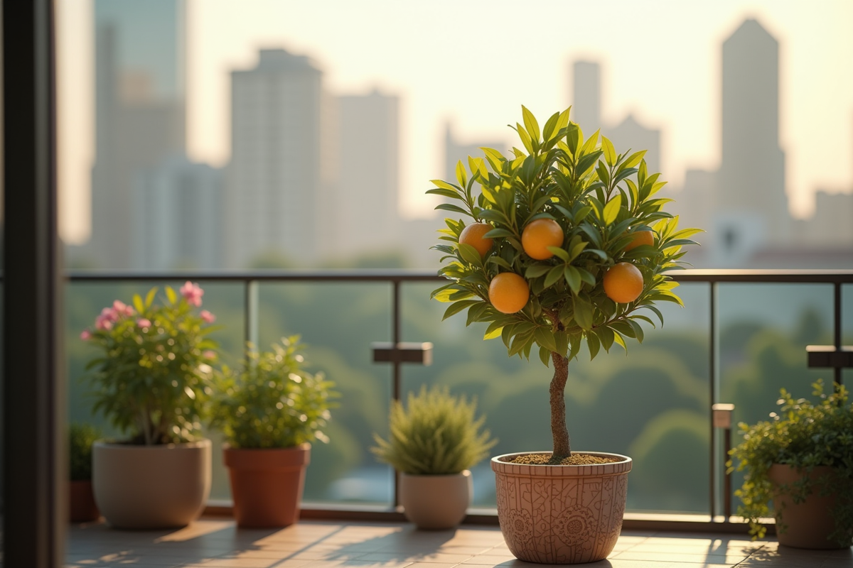 Petit citronnier en pot sur un balcon en ville au matin