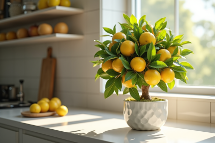 Citronnier en pot dans une cuisine lumineuse avec citrons jaunes
