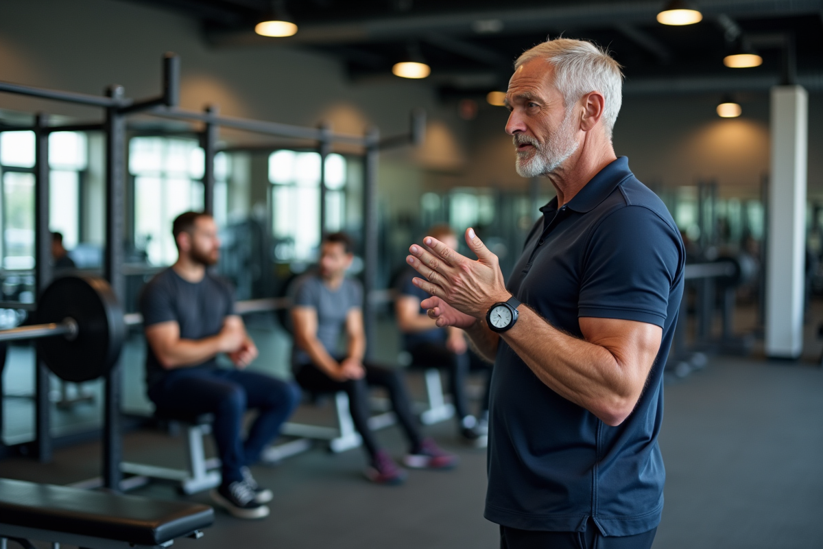 Entraineur montrant la lecture des poids à un groupe