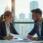 Professionnel souriant guidé par un coach dans un bureau lumineux