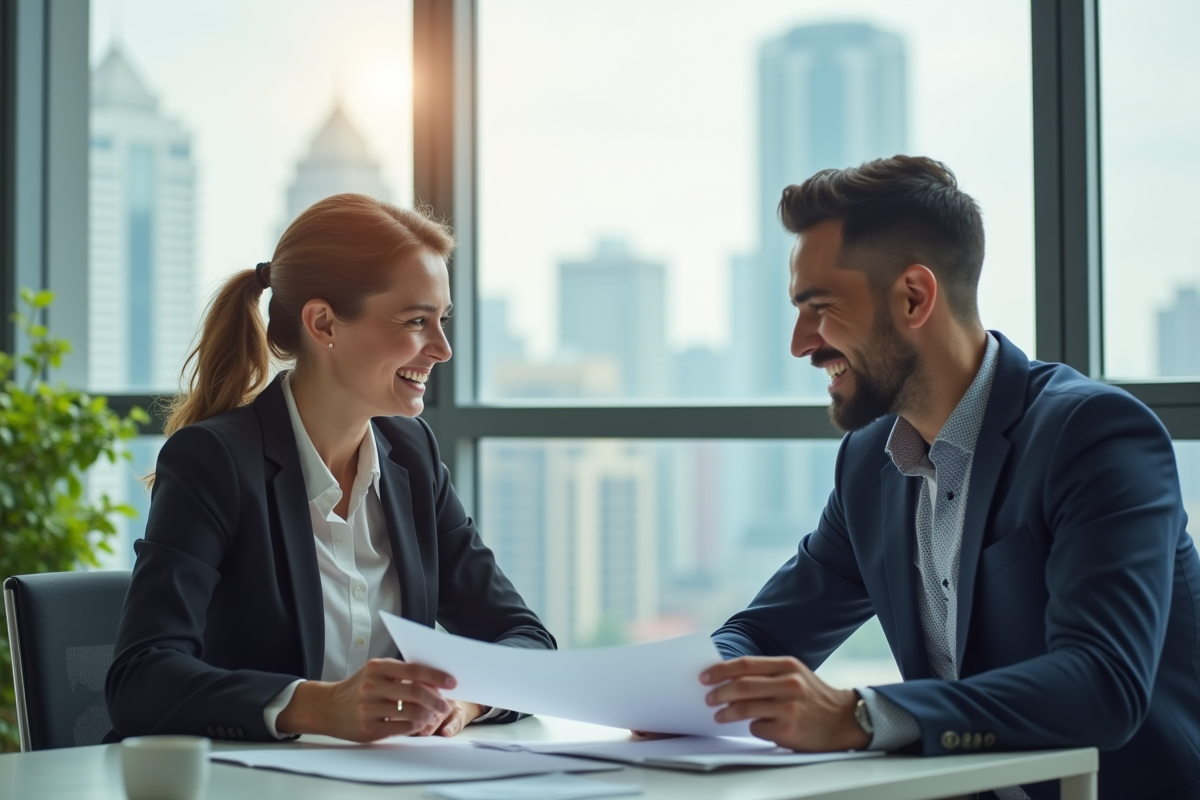 Professionnel souriant guidé par un coach dans un bureau lumineux