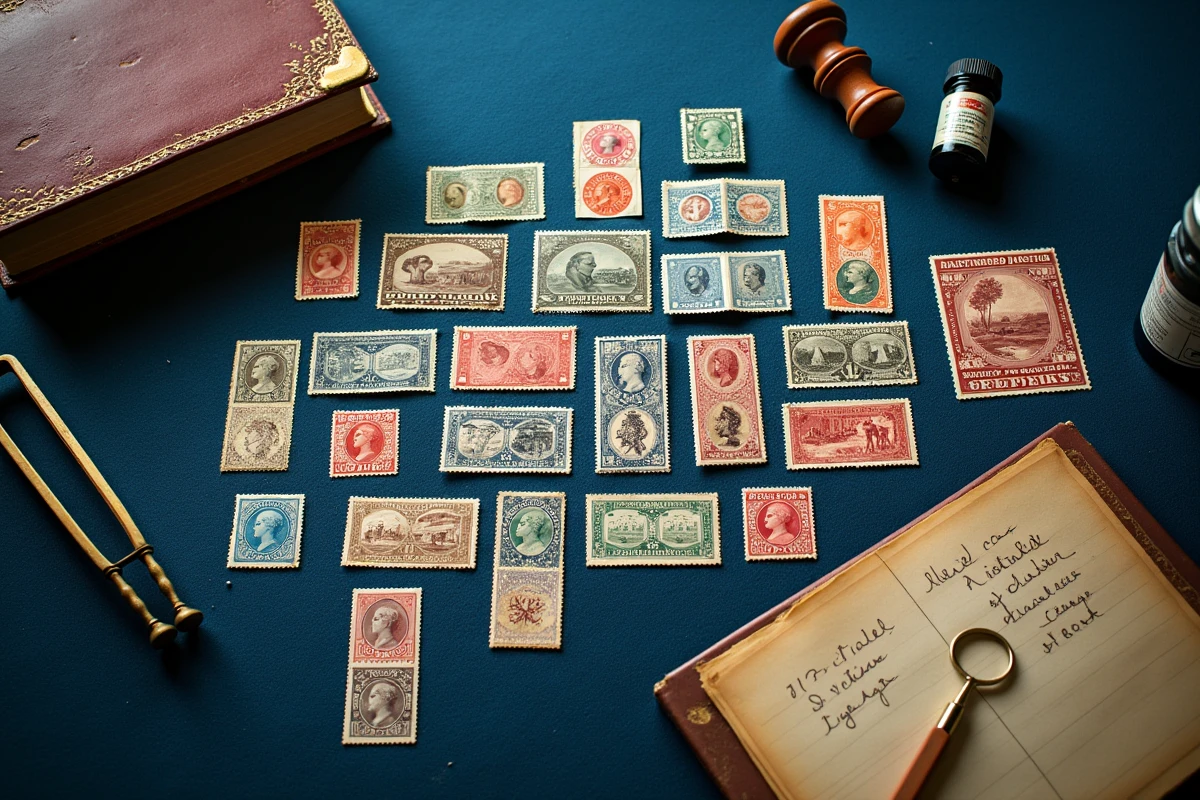 Collection de timbres rares disposés en flat lay sur velours bleu avec catalogue et outils de philatélie