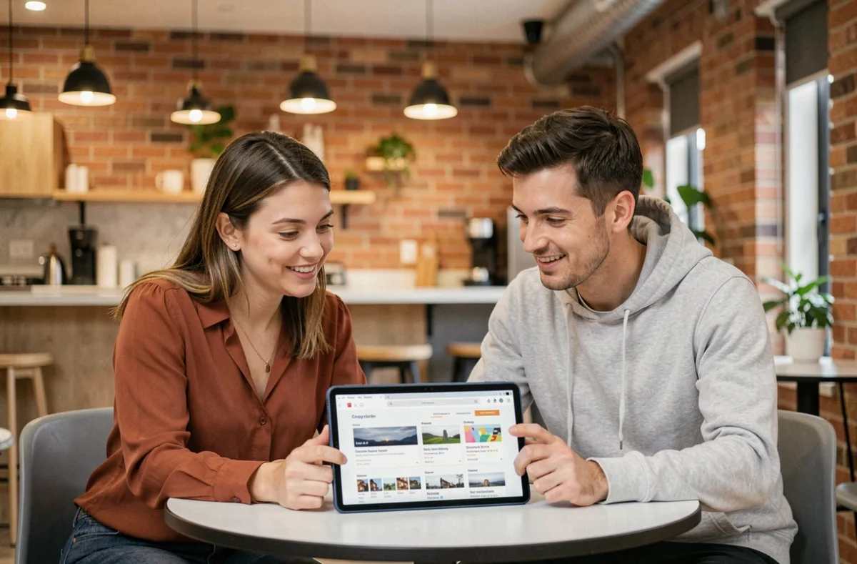 Deux collègues consultant ensemble une interface de filtrage de contenu sur tablette dans un espace de coworking moderne