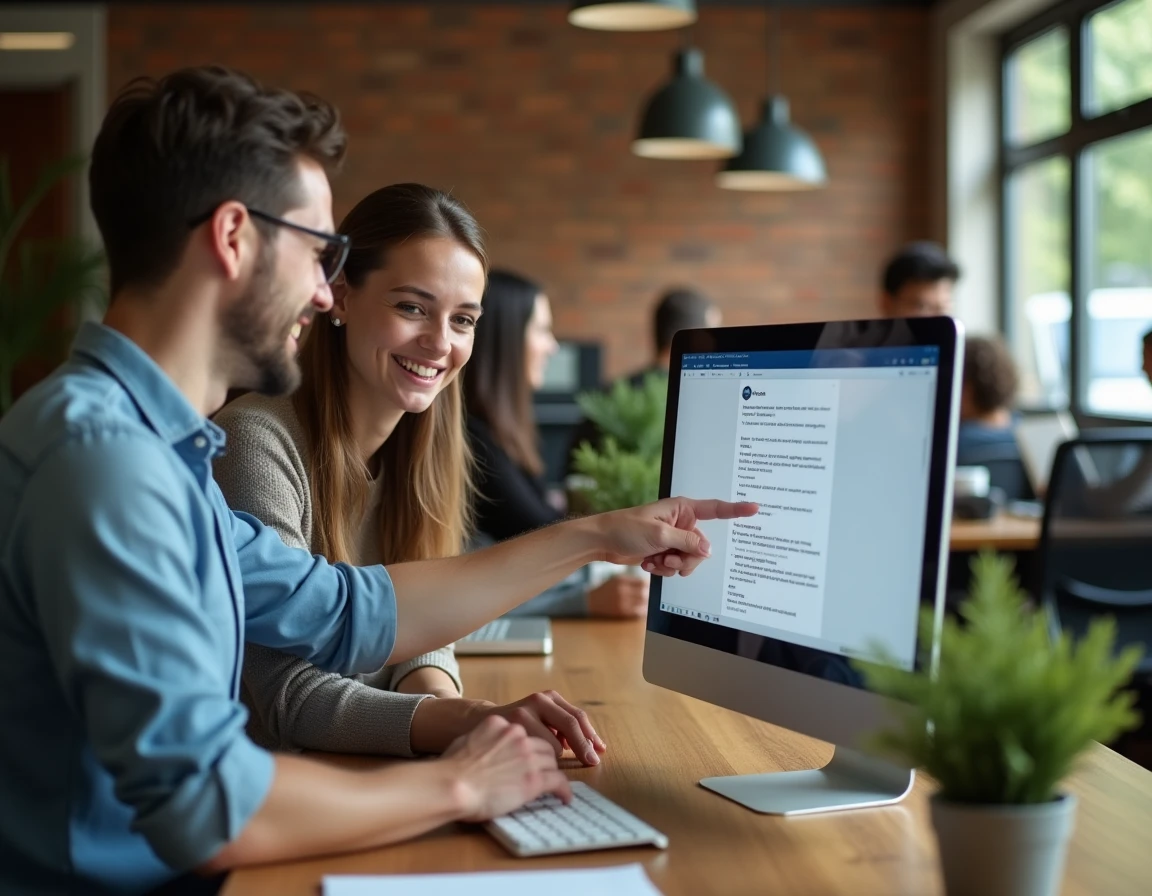 Deux collègues collaborant sur la rédaction d'un email professionnel devant un écran dans un espace de coworking