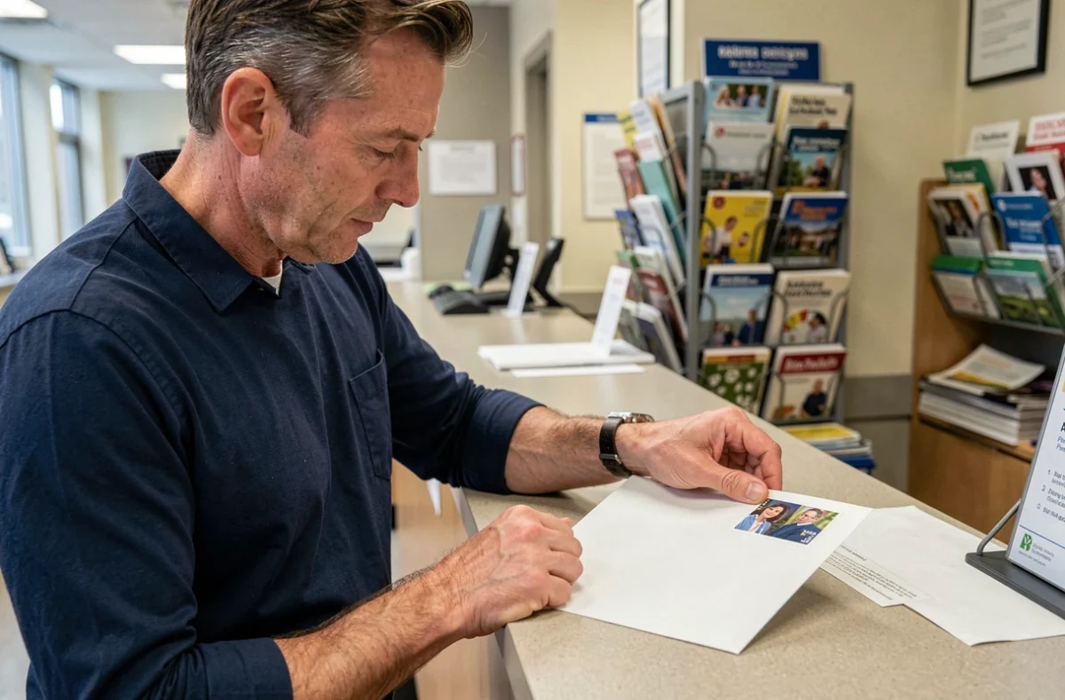 Homme collant un timbre sur une enveloppe cachetée au comptoir d'un bureau de poste