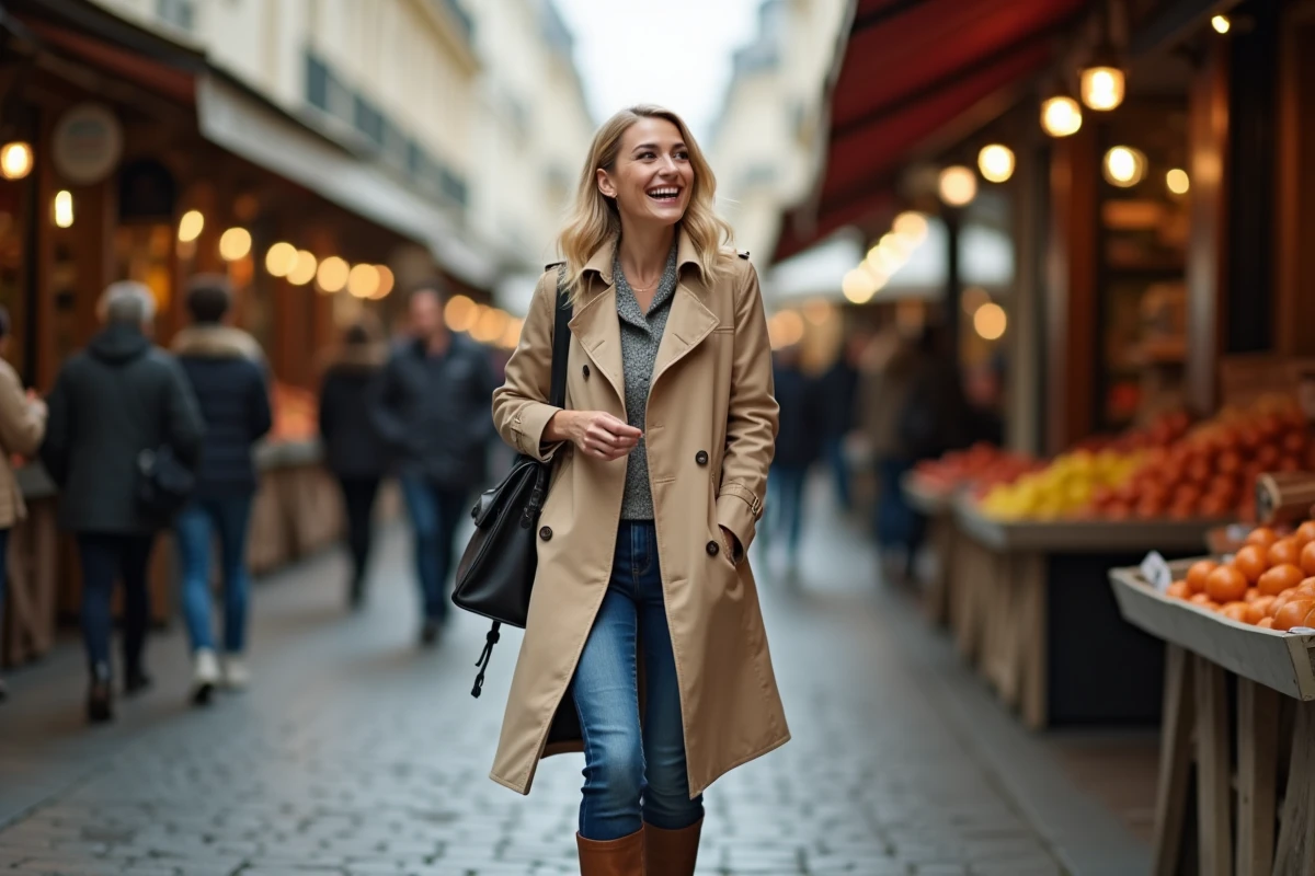 Comédienne française blonde souriante dans un marché parisien en plein air portant un trench coat