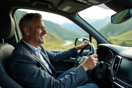 Homme d'âge moyen conduisant un SUV en montagne