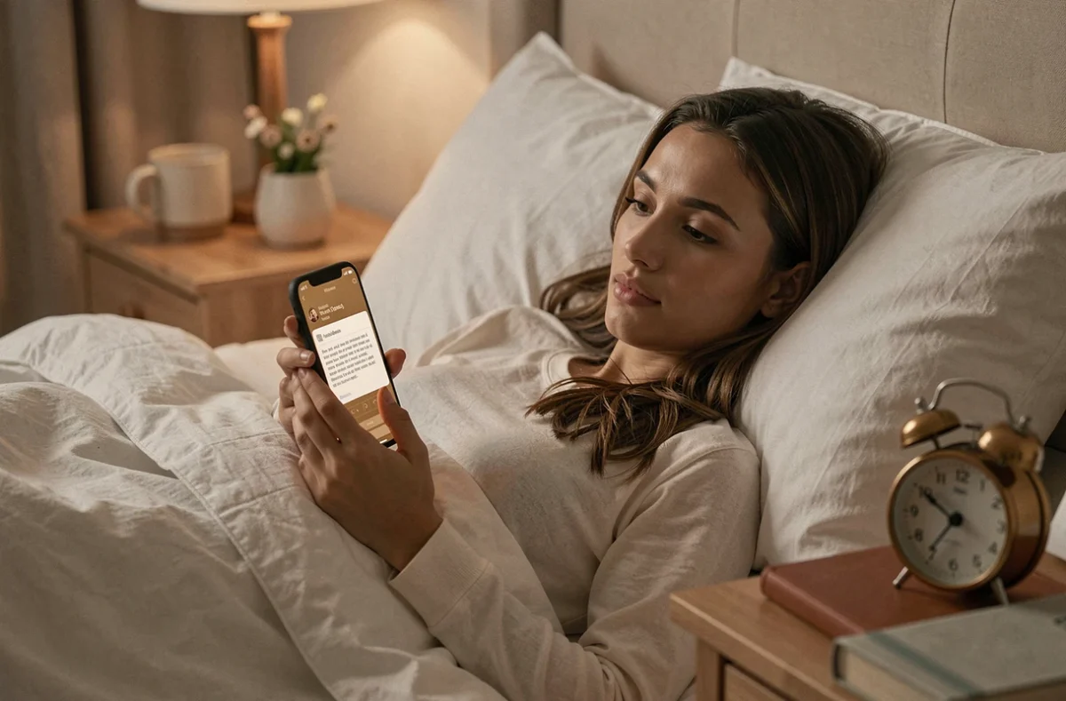 Jeune femme consultant une application de scan de documents sur smartphone au lit avec filtre lecture confort visuel