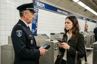 Contrôleur RATP vérifiant le titre de transport d'une passagère dans une station de métro parisienne
