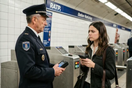 Contrôleur RATP vérifiant le titre de transport d'une passagère dans une station de métro parisienne