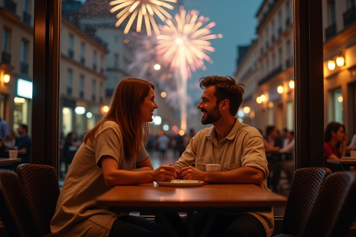 Couple dans un café regardant les feux d'artifice sous la pluie le 14 juillet depuis une terrasse vitrée
