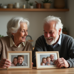 Couple âgé regardant des photos de famille dans la cuisine