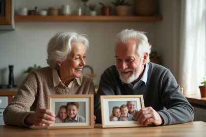 Couple âgé regardant des photos de famille dans la cuisine