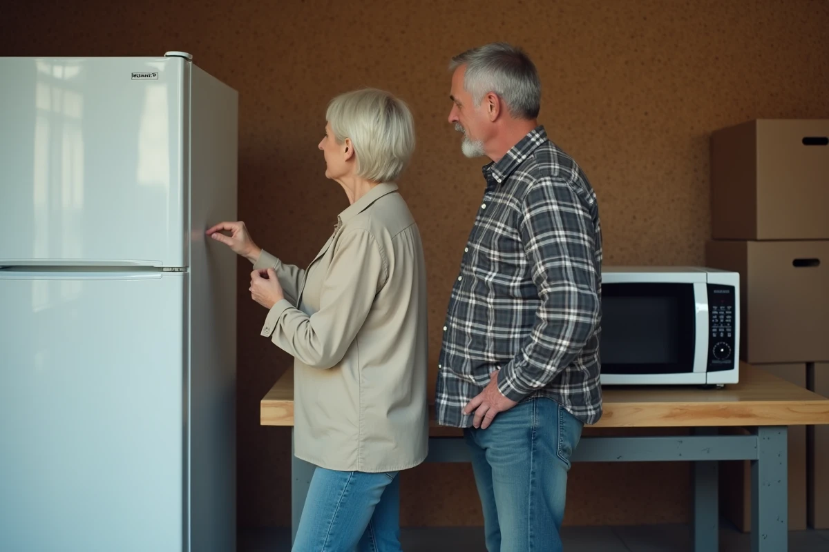 Couple inspectant des appareils électroménagers dans un garage avant de les vendre sans arnaque