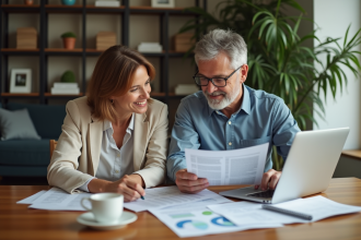 Couple de milieu d'âge examinant des documents de prêt immobilier